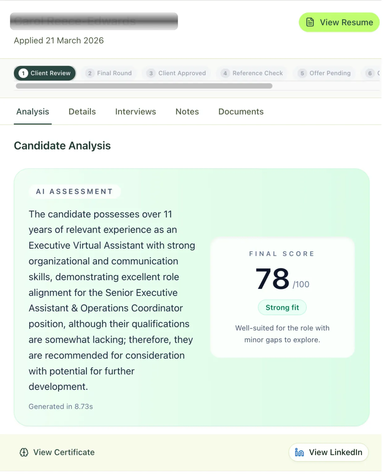Candidate analysis with a written Ai assessment and a final score of 78 out of 100 marked strong fit
