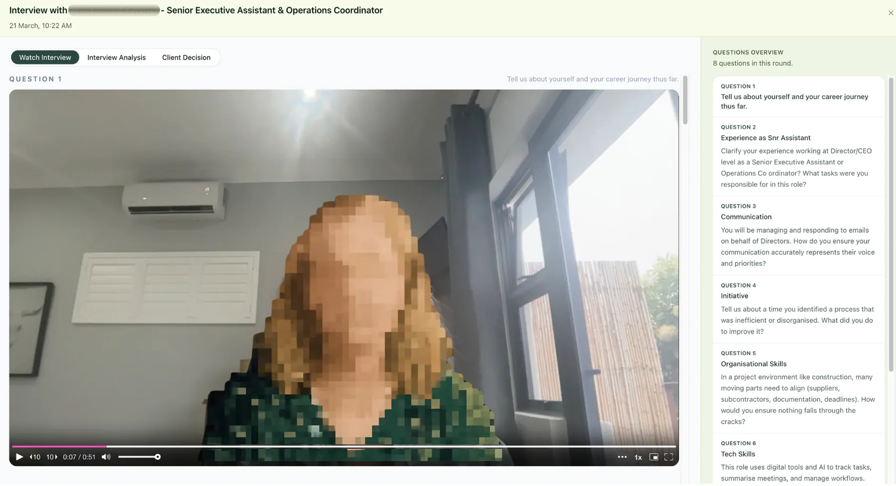 GrowTalent video interview player with the recorded candidate answer alongside the full question set for the role