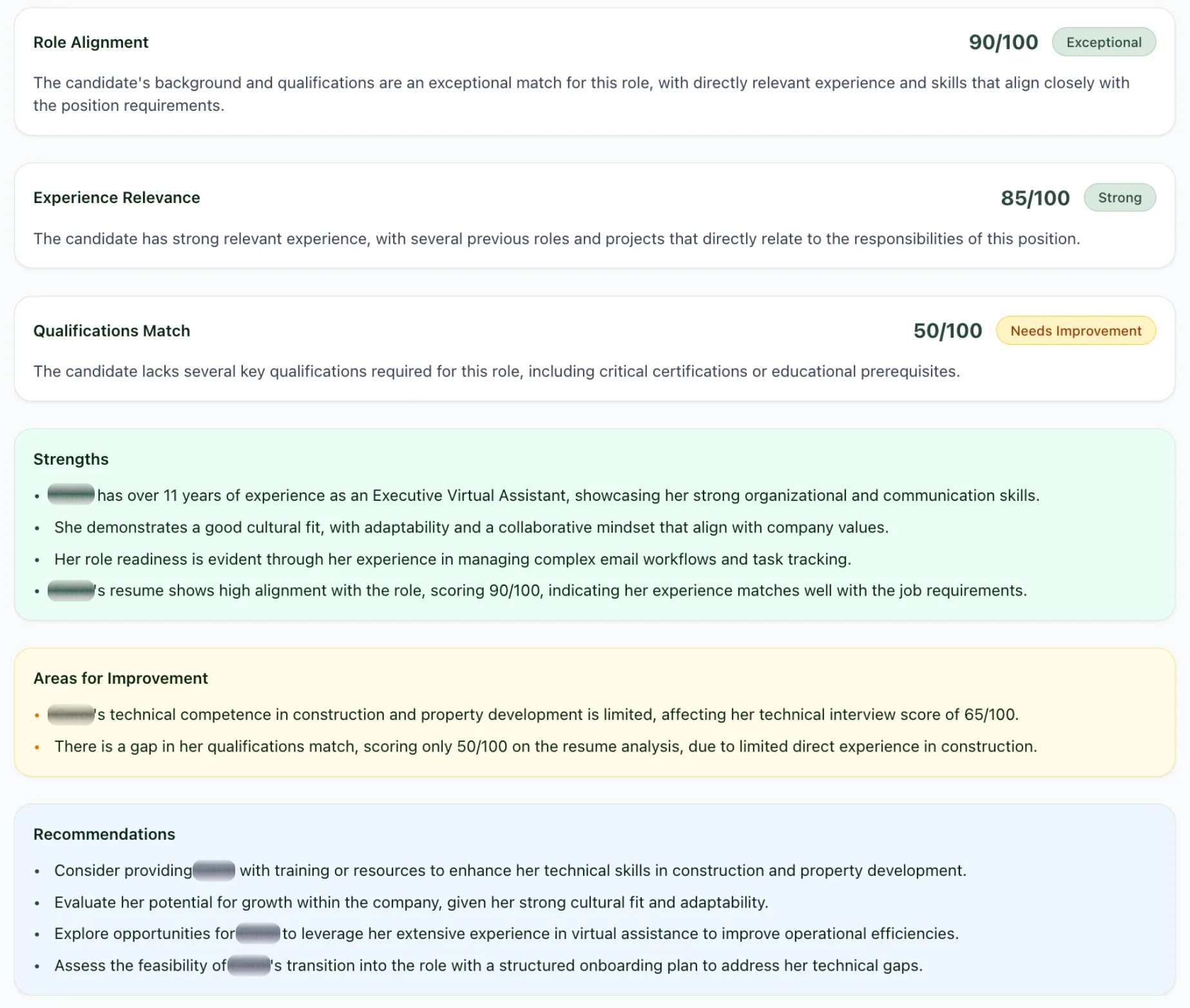 Interview vs CV comparison plus strengths, gaps and clear next steps to act on