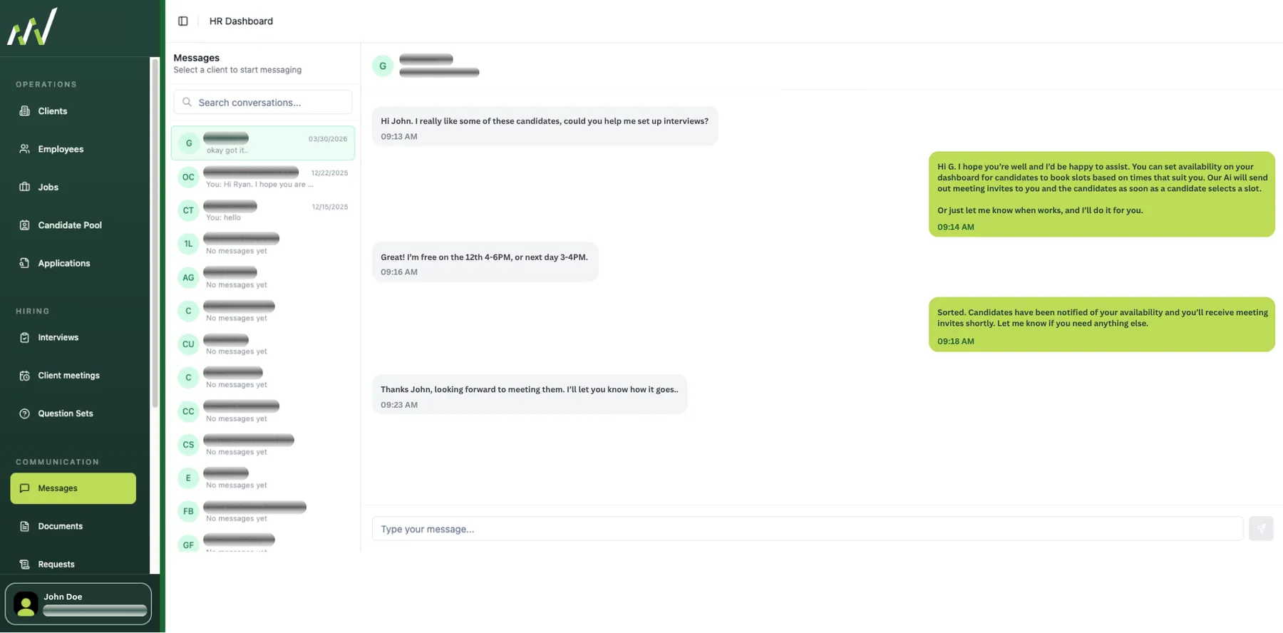 Built-in messaging with a client conversation about setting up interviews, with every client chat listed alongside
