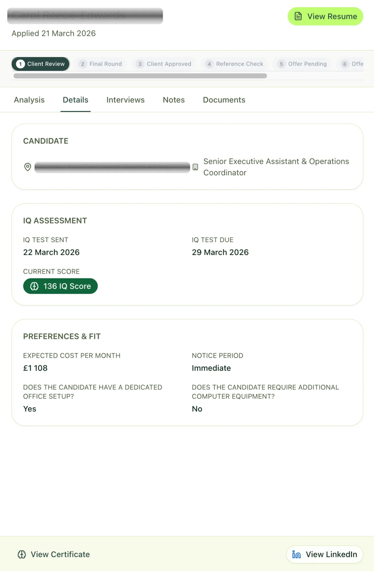 Candidate details showing role, IQ assessment dates and score, expected monthly cost, notice period and remote setup