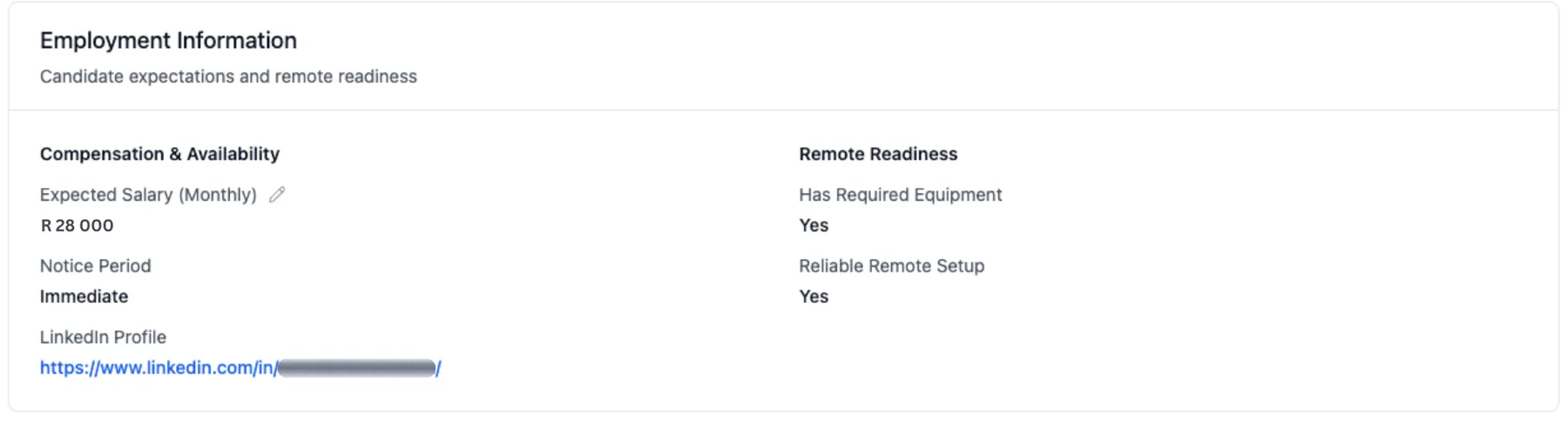 Employment information with expected monthly salary, notice period, LinkedIn profile and remote readiness